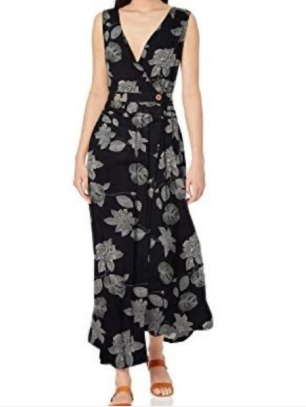 Roxy Black Floral Wrap Midi Dress. Size XS.